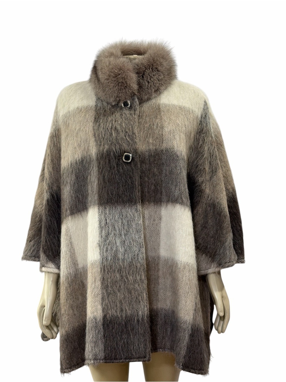 Women's Plaid Fur Cape Coat in Brown and Cream